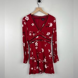Bardot Red Floral Long Sleeve Mini Dress 4 XS